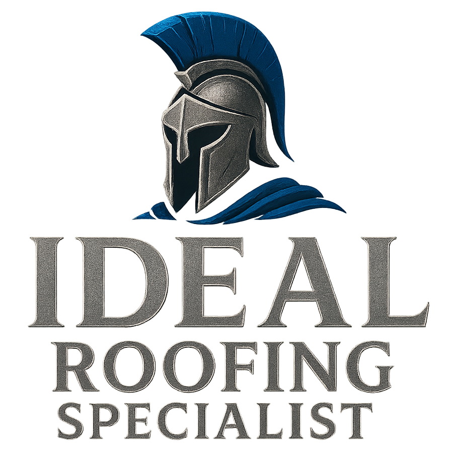 Logo featuring a stylized Spartan helmet in blue and silver above the words IDEAL ROOFING SPECIALIST in bold, metallic lettering.
