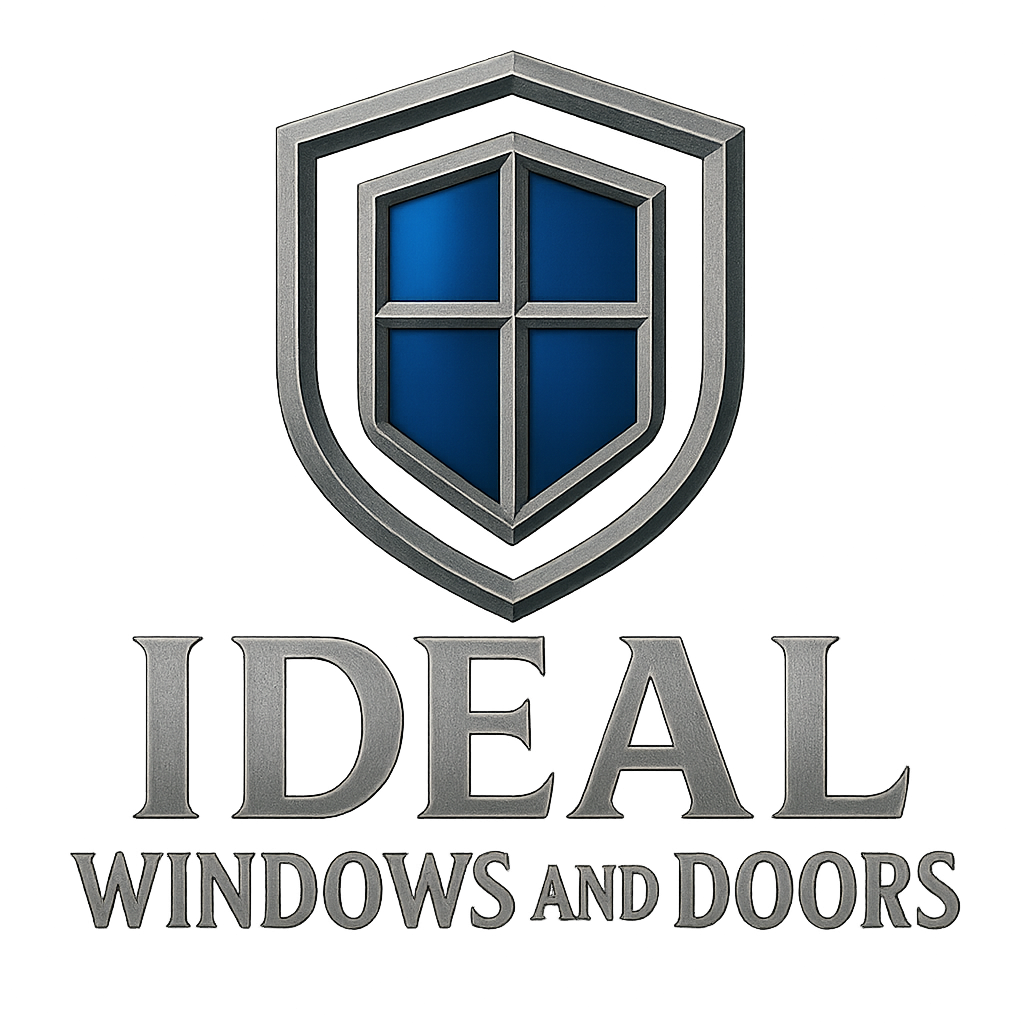 Logo for Ideal Windows and Doors, featuring a blue, window-like shield above the company name in bold, metallic letters. The shield resembles a window with four panes, emphasizing security and durability.
